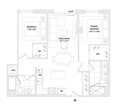 Floor plan for 2 beds, 2 baths, 1078 sqft